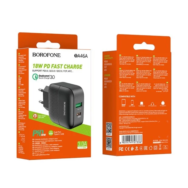 СЗУ-адаптер USB Borofone BA46A Premium PD + QC3.0 (Чёрный)