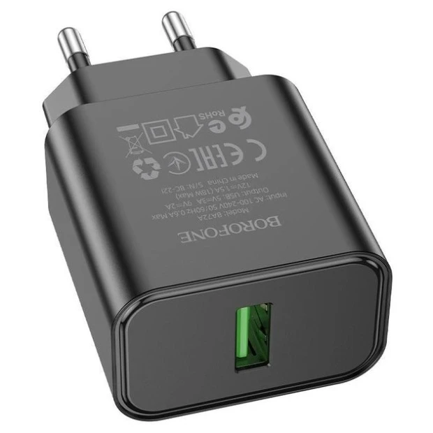 СЗУ-адаптер USB Borofone BA72A QD 18W (1USB) (Чёрный)