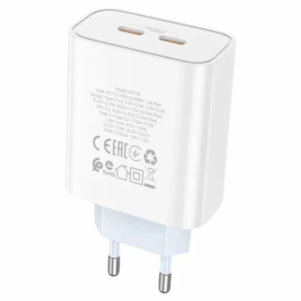 Зарядний пристрій-адаптер USB Borofone BA73A PD 35W (2 Type-C) + кабель Type-C-Type-C (Білий)