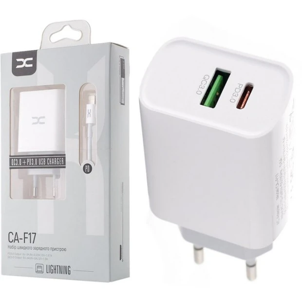 СЗУ-адаптер DC CA-F17 20W (1USB / 1Type-C) + кабель Type-C - Lightning (Белый) D