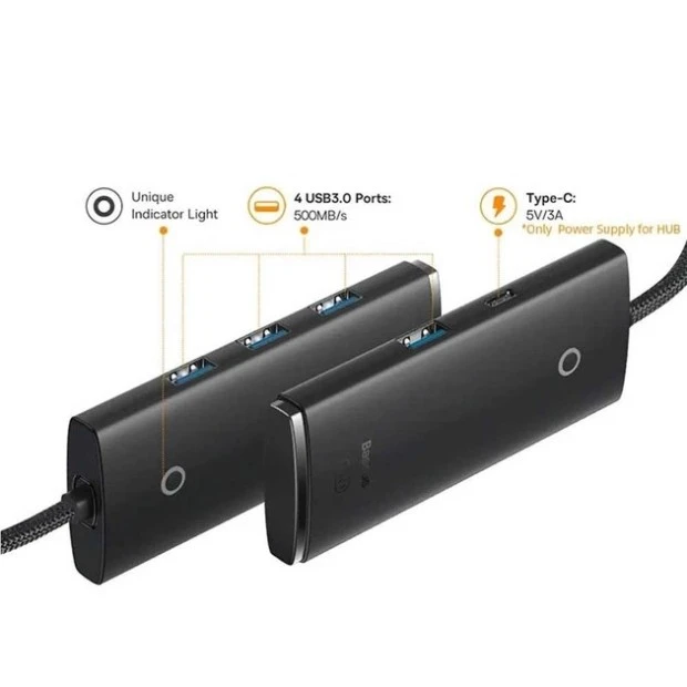 Переходник USB HUB Baseus Lite Series WKQX030501 (2m) (Type-C to 4USB 3.0) (Чёрный)