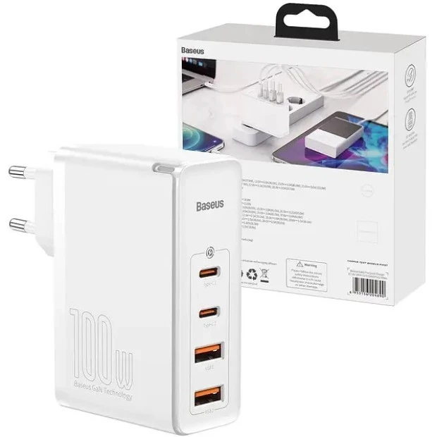 СЗУ-адаптер Baseus GaN2 Pro 100W (2Type-C / 2USB) (Белый) CCGAN2P-L02