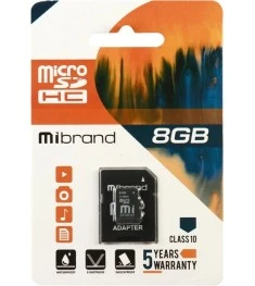 Карта памяти Mibrand MicroSDHC 8Gb (Class 10) + SD-адаптер